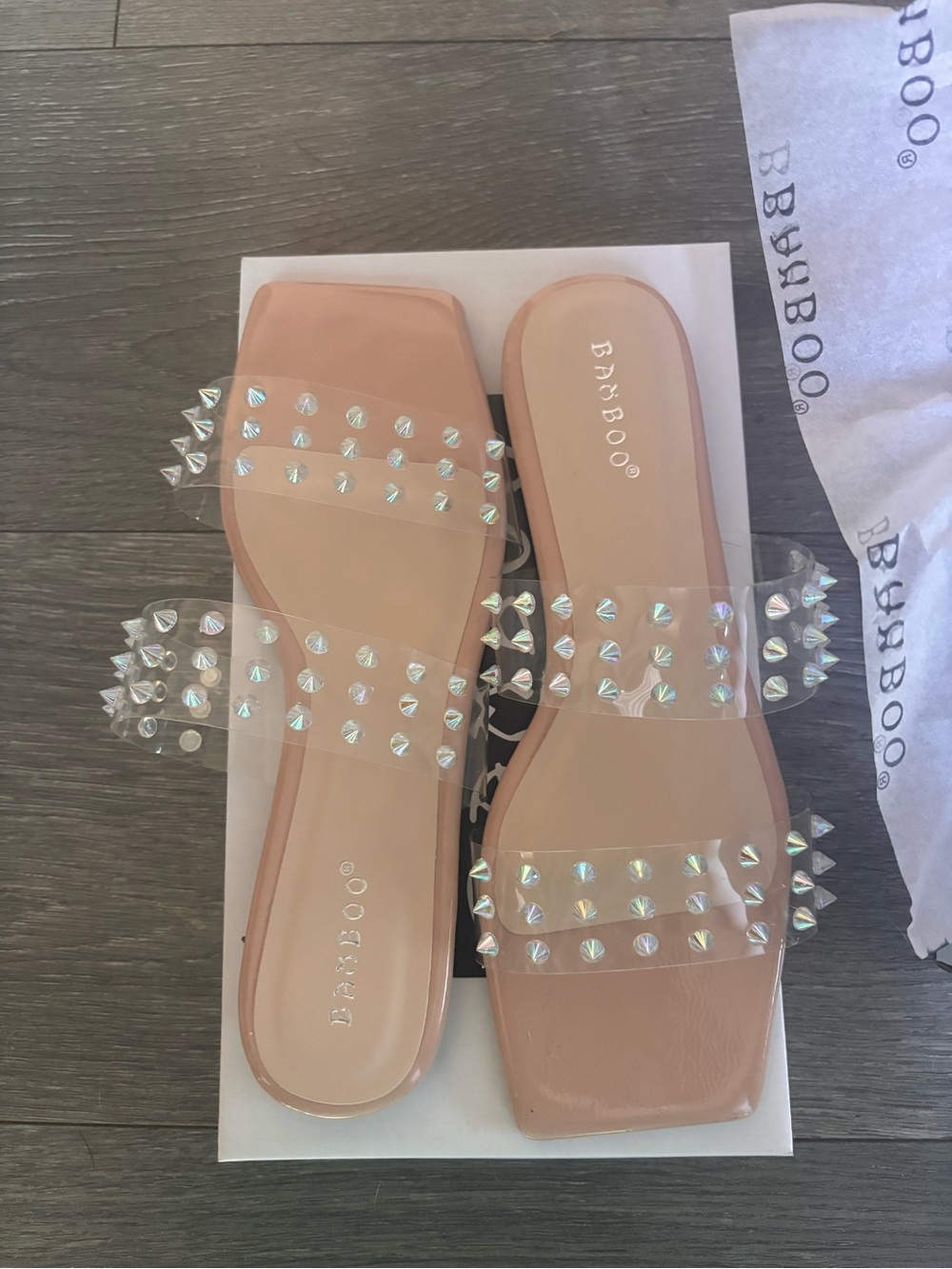 New BAMBOO Nude Clear Studded Sandals